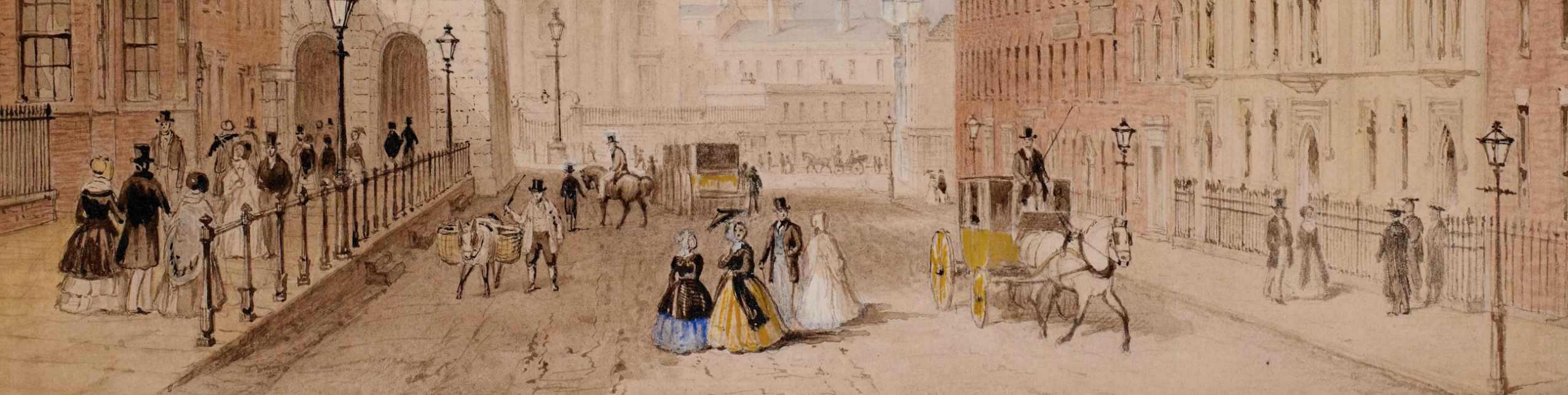 A 19th-century street scene with people in period clothing walking along sidewalks, horse-drawn carriages on the road, and tall brick buildings lining both sides of the street.