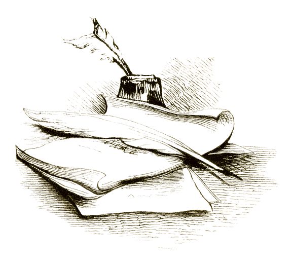 A stack of papers with an inkwell and quill pen